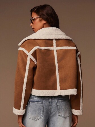 Athîral Women's Mocha Shearling Faux Fur Jacket | Soft Faux Lambswool Texture, Cropped Straight Fit, Oversized Lapel Collar, Long Sleeves, Sculptural Contrast Edge Piping, Modern Hidden Snap Closure, Sexy Urban Capsule Wardrobe Essential For Autumn Winter Office Layering & Warmth,New Year Clothes,Christmas Clothes,Cozy Fall And Winter Clothes For Women, Winter Warm