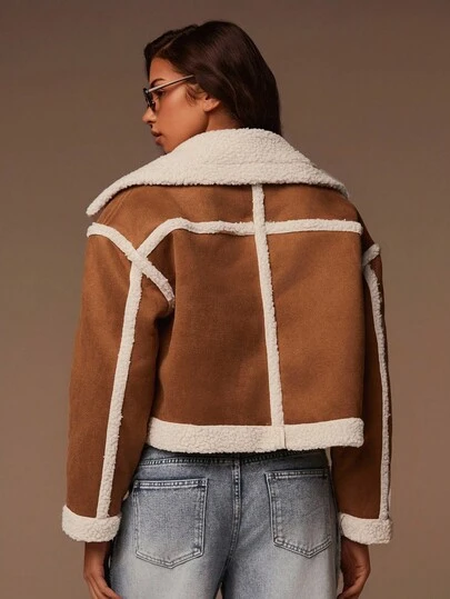 Athîral Women's Mocha Shearling Faux Fur Jacket | Soft Faux Lambswool Texture, Cropped Straight Fit, Oversized Lapel Collar, Long Sleeves, Sculptural Contrast Edge Piping, Modern Hidden Snap Closure, Sexy Urban Capsule Wardrobe Essential For Autumn Winter Office Layering & Warmth,New Year Clothes,Christmas Clothes,Cozy Fall And Winter Clothes For Women, Winter Warm