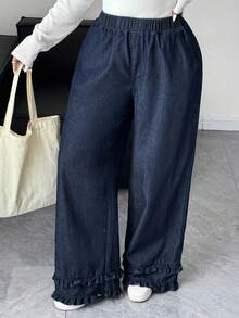 Dazy Plus 大码女式宽松直筒牛仔裤，松紧腰，荷叶边，休闲，深水洗蓝色，四季皆宜