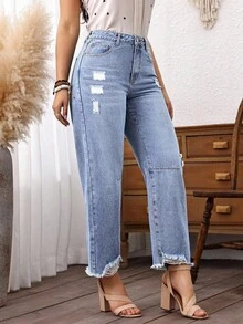 EMERY ROSE Vinter Plus Size Dam Cowgirl Blå Oelastiska Slitna Frayed Nedanför Lösa Beskurna Jeans, Rodeo - Ljustvätt - Visa 3