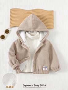 Cozy Pixies 男婴纯色连帽长袖夹克，百搭舒适婴儿拉链夹克男婴外套中性婴儿服装男女通用秋冬女装 - 杏色 - 查看 4