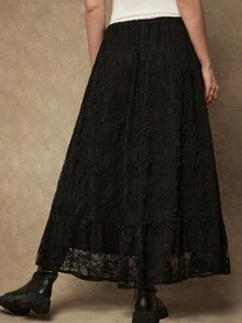 Freevana Váy chữ A thanh lịch viền ren cạp chun co giãn cho nữ cỡ lớn - màu đen - Xem 6