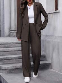 EMERY ROSE Women's Casual/Office Commute Simple Solid Color Lapel Collar Blazer And Pants Suit Set