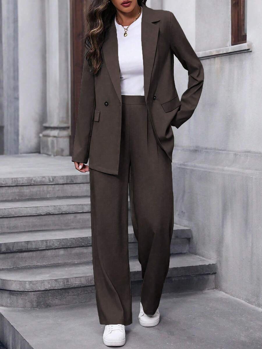EMERY ROSE Women's Casual/Office Commute Simple Solid Color Lapel Collar Blazer And Pants Suit Set