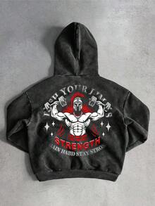 Sport MetroGents 1 pieza Sudadera casual de moda urbana para hombre, sudadera con capucha con cordón, bolsillo y estampado de caballero y letras, forro térmico, adecuada para otoño/invierno