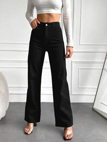 RueChic Quần jean ống rộng cạp cao 100% cotton - màu đen - Xem 5