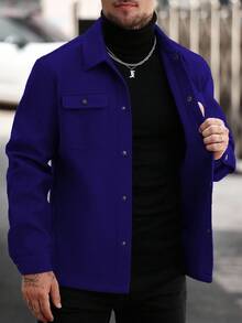 Manfinity Homme Men's Solid Color Long Sleeve Front Button Fashionable Versatile Casual Overcoat, Fall/Winter - Blue - View 4