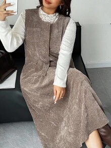 Dazy Plus 2pcs Velvet Thickened Casual Vest & Skirt Set, Versatile Plus Size Autumn Outfit - Khaki - View 7