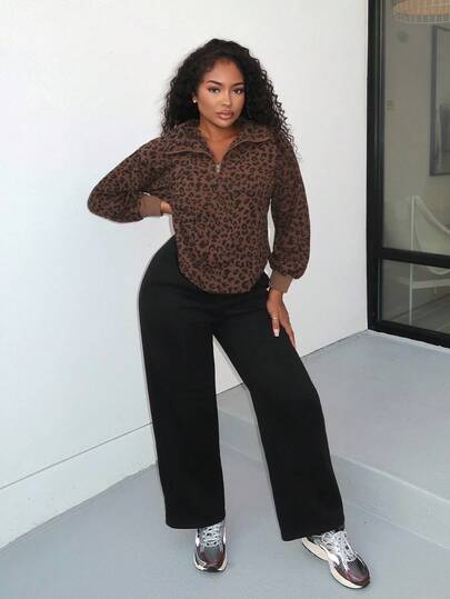 Alexandranx 女士休闲拉链长袖豹纹卫衣，秋季服装