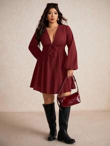 Elaquor Plus Size Solid Color Lantern Sleeve Casual Red Dress