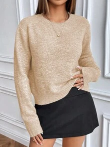 SHEIN LUNE Casual Style Solid Color Crew Neck Knit Long Sleeve Sweater - Apricot - View 6