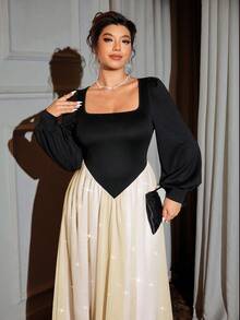 Cravure Christmas Plus Size Women Square Neck Long Sleeve Color Block Elegant Dress, Suitable For Party And Gathering - Multicolor - View 6