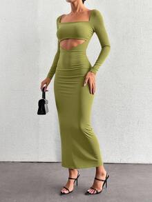 EURMUSE Cut Out Front Square Neck Bodycon Dress - Olive Green - View 3