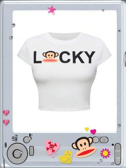 Paul Frank X ROMWE 大码夏季字母和猴子印花修身短款 T 恤