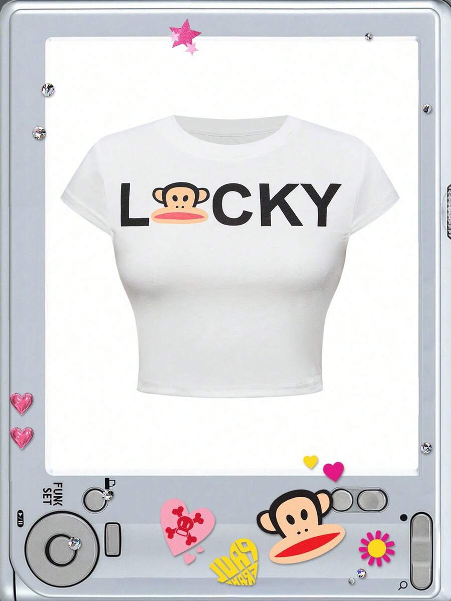Paul Frank X ROMWE 大码夏季字母和猴子印花修身短款 T 恤 - 白色 - 查看 1