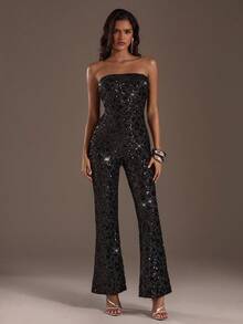Glamine Women's Fashion Music Party Sequin Bandeau Jumpsuit - Black - View 4