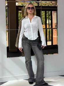 Bethéva Women's Vintage Washed Slim Fit Flared Jeans With Distressed Details, School,Ladies Button,Pocket,Zipper Drop Waist Flare Leg Long Dark Grey Bootcut Regular Fit Women Jeans,Spring/Fall,Casual Daily Wear - Dark Grey - View 1