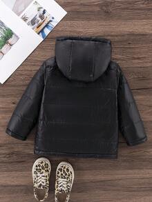 女童冬季黑色保暖加厚羽绒服，带拉链帽，字母贴片，经典休闲羽绒服 - 黑色 - 查看 2