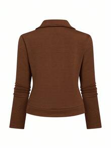 EMERY ROSE Women's Textured Fabric Lapel Zip-Up Casual Motorcycle Jacket - Brown - View 3