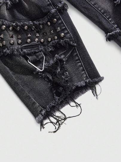 Grunge Punk Jeans skinny évasé court, lavage vintage, décoré de rivets, style punk Y2K