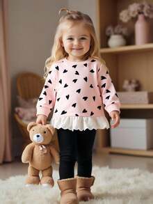 SHEIN Baby Girls' Fashion Embroidered Ruffle Hem Printed Sweatshirt Fall Winter - Pink - View 1