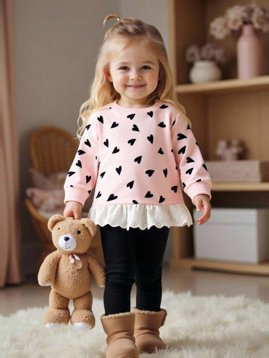 SHEIN Baby Girls' Fashion Embroidered Ruffle Hem Printed Sweatshirt Fall Winter - Pink - View 1