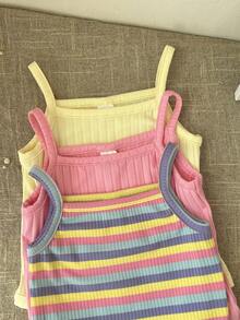Bộ 3 món/Bộ đồ liền thân dệt kim kẻ sọc nhiều màu dễ thương cho bé gái sơ sinh, mùa hè - Nhiều màu - Xem 3