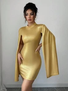 Selianne Women's Mock Neck Fitted Extra Long Sleeve Mini Dress - Gold - View 8