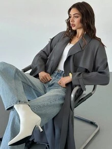 Firerie Áo khoác dài tay dài màu xám giản dị dành cho nữ, áo khoác dài hai hàng khuy, áo khoác ngoài dài tối giản dành cho người đi làm, trang phục xuân thu đông, thanh lịch, đi làm, hàng ngày, trang phục công sở, tối giản - Xám - Xem 8