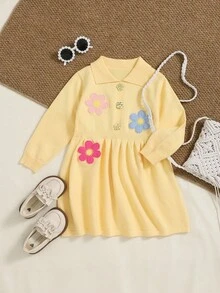 少女碎花长袖可爱针织连衣裙 秋冬 - 黃色 - 查看 5