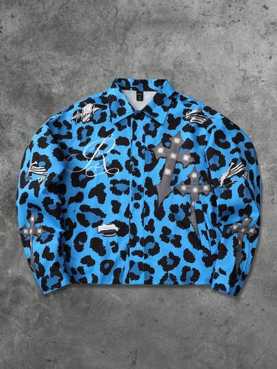 Street Life Veste unisexe de style urbain avec imprimé léopard, croix américaine et texte, automne