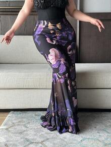 Vibekara Plus Size Elegant Waist Cinched Mermaid Hem Vintage Print A-Line Skirt Purple Floral Dress - Multicolor - View 4