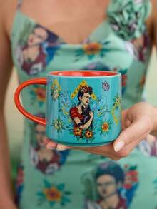 Frida Kahlo X SHEIN 480 Ml Cute Floral & Figure Graphic Ceramic Mug,Summer Outfits, Spring Outfits,Beach, Vacation, Flower