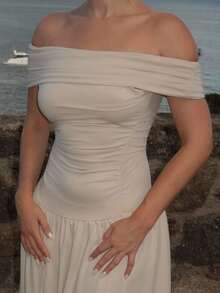 Turnttoni Vestido Feminino de Ombro à Mostra com Cintura Recortada, Simples e Minimalista, Verão