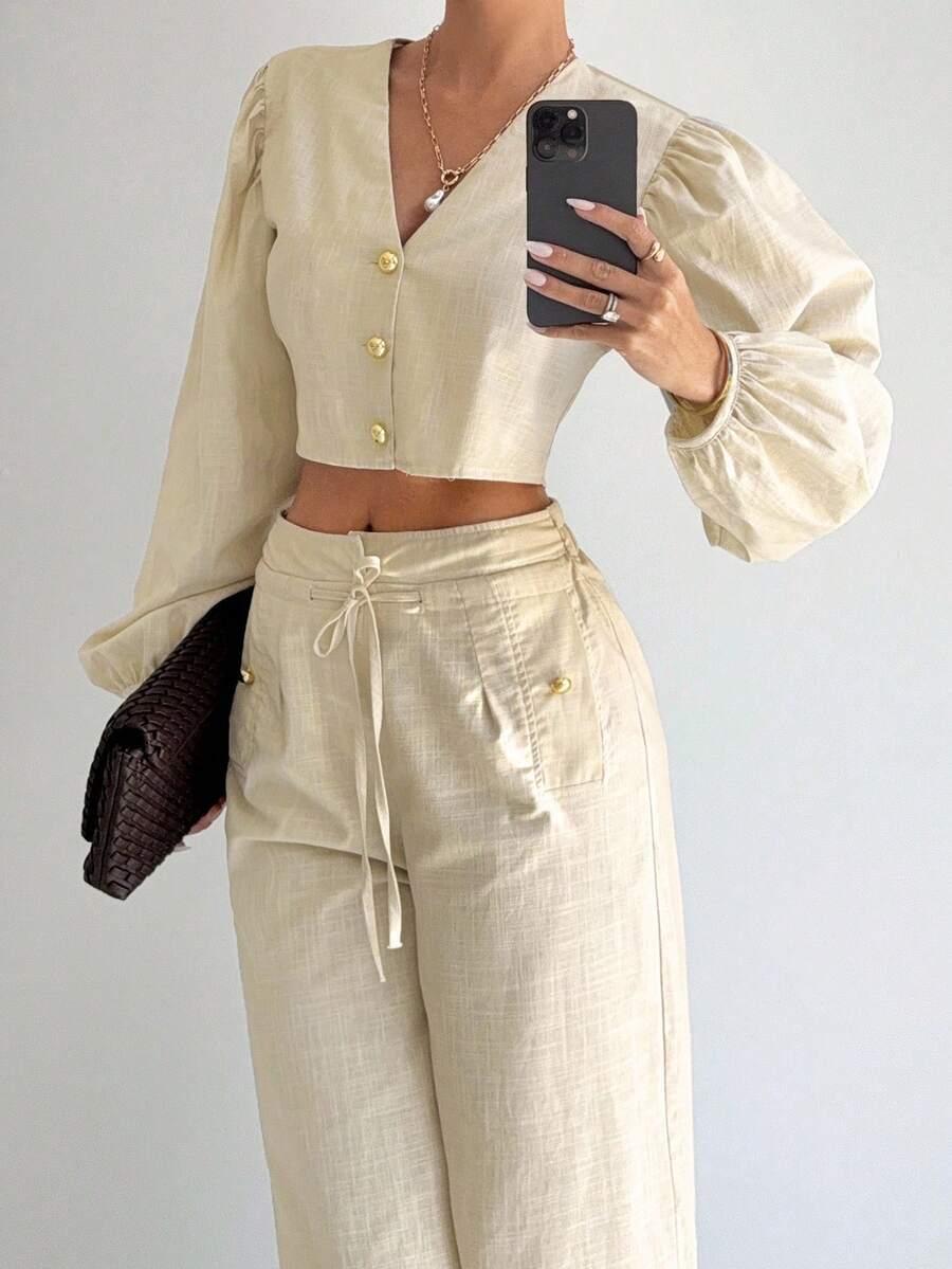 Siren Gaze 2pcs/Set Women Linen V-Neck Flare Sleeve Top And Casual Straight Leg Long Sleeve Pants Set, Khaki Winter