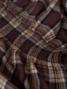 LanaWest Women's Khaki Brown Plaid Shirred Cinched Waist Casual Bohemian Style Midi Dress, Autumn, Christmas - Khaki - View 7