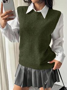 SHEIN Raffinéa Chaleco de punto de unicolor versátil y casual para mujer - Verde militar - Ver 5