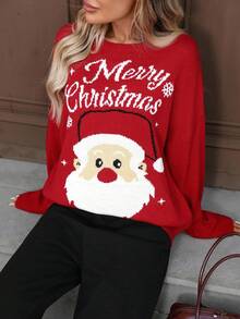 SHEIN LUNE 女士休闲圣诞图案亲子毛衣套头衫，可爱圣诞毛衣，红色圣诞毛衣，丑陋圣诞毛衣，母女圣诞毛衣，女士圣诞毛衣，圣诞节 - 彩色 - 查看 5