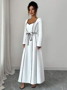 Elenzga Robe femme - Élégante robe maxi à col en V avec cœur en blocs de couleurs noir et blanc, manches longues et taille nouée, convient pour les déplacements quotidiens - Noir et Blanc - Voir 3