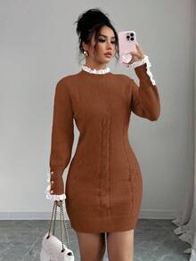 Elenzga Herbst/Winter Langarm Twist Seil Rundhals Spitzenbesatz Apricot Kleid - Braun - Übersicht 6