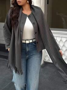 Easura Plus Size Women Striped Long Sleeve Single-Breasted Casual Blazer Jacket With Scarf, Autumn Fall Cloth For Women Winter - Dark Grey - View 3
