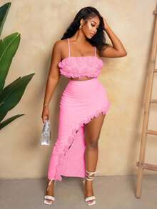 Mistrie Light Pink,Summer,70's,Party Disco,Party Night Fish Silk Thread 3D Flower Camisole Top&Split Long Skirt Two Pieces Set,White Solid Color Decoration - Pink - View 7