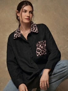 SHEIN VCAY Plus Size Women Leopard Print Patchwork Dropped Shoulder Long Sleeve Casual Fashion Shirt - Black - View 1