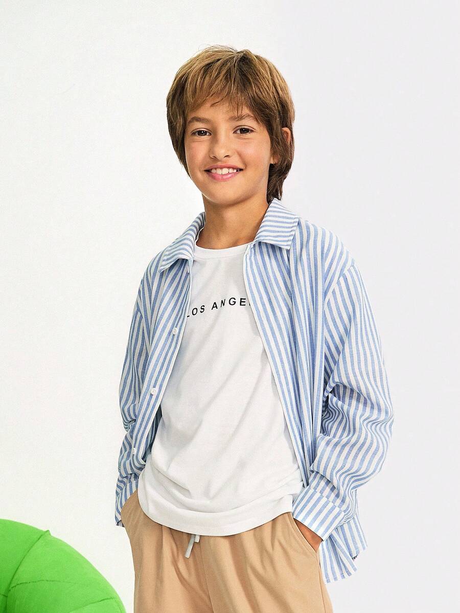 Leap Crew 青少年男孩条纹长袖衬衫，宽松休闲装，适合返校季、毕业季和日常穿着 - 藍色 - 查看 1