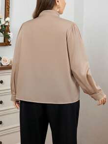 Firerie Plus Size Women's Stand Collar Long Sleeve Ruffle Hem Elegant Commuter Asymmetrical Blouse Elegant Blouses Ruffle Blouse Formal Blouse Modest Blouse Gold Button Blouse Long Sleeve Blouse Blouse With Ruffles Spring - Apricot - View 3