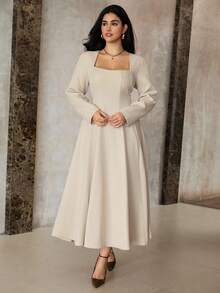 Roveilla Đầm midi tay dài xẻ tà cổ vuông thanh lịch, trang trọng, công sở, đi làm, tiệc tùng, nghỉ dưỡng, lãng mạn kiểu Sicilia cổ điển dành cho giáo viên cỡ lớn, màu mơ - Màu be - Xem 7