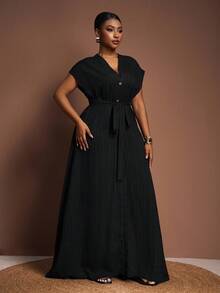 Veslaya Plus Size Women's Summer Versatile Casual All-Match Beach Elegant Ruffle Tie Front Short Sleeve Dress