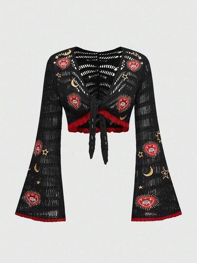 Goth Vintage Mysterious Heart Eye Star Moon Pattern Embroidered Women Lightweight Cardigans