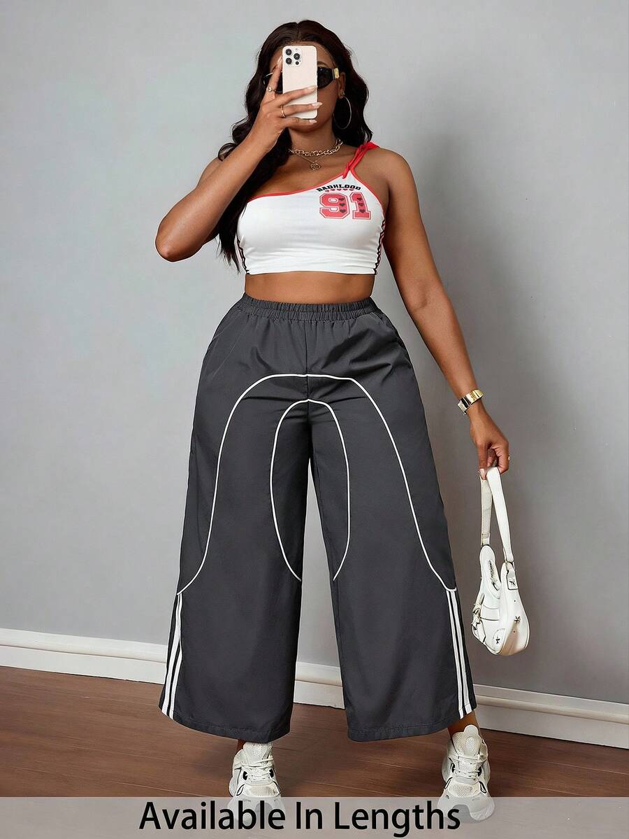 SHEIN PETITE CURVE 大码女童返校运动休闲梭织带黑色阔腿运动慢跑裤 - 深灰色 - 查看 1