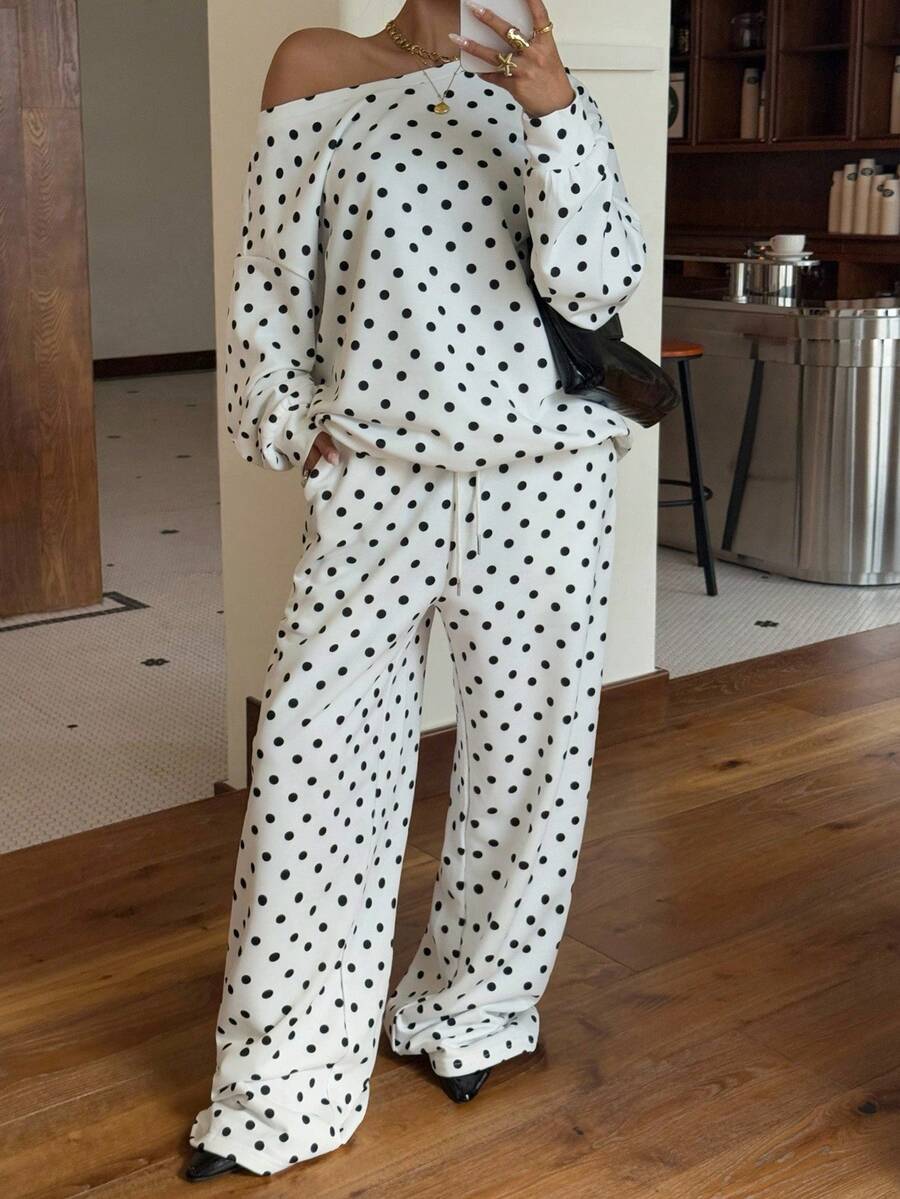 SHEIN EZwear 女士波点斜肩宽松卫衣和运动裤套装，秋冬 - 黑與白 - 查看 1